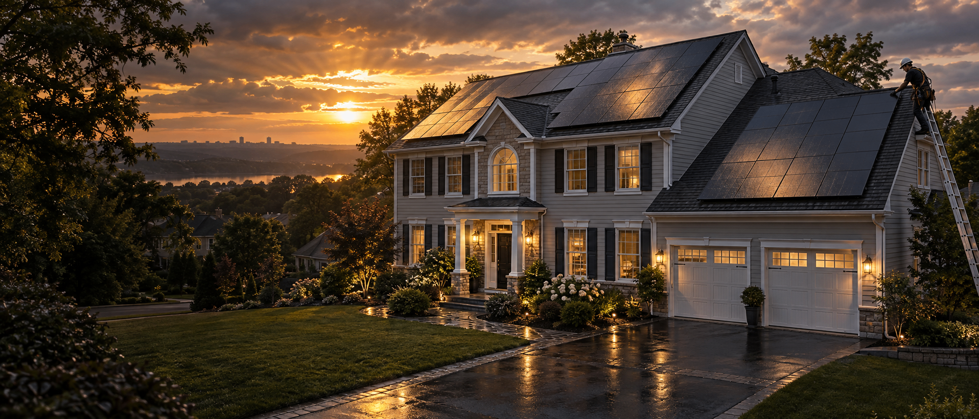 Technician servicing rooftop solar panels on a New Jersey home at sunset