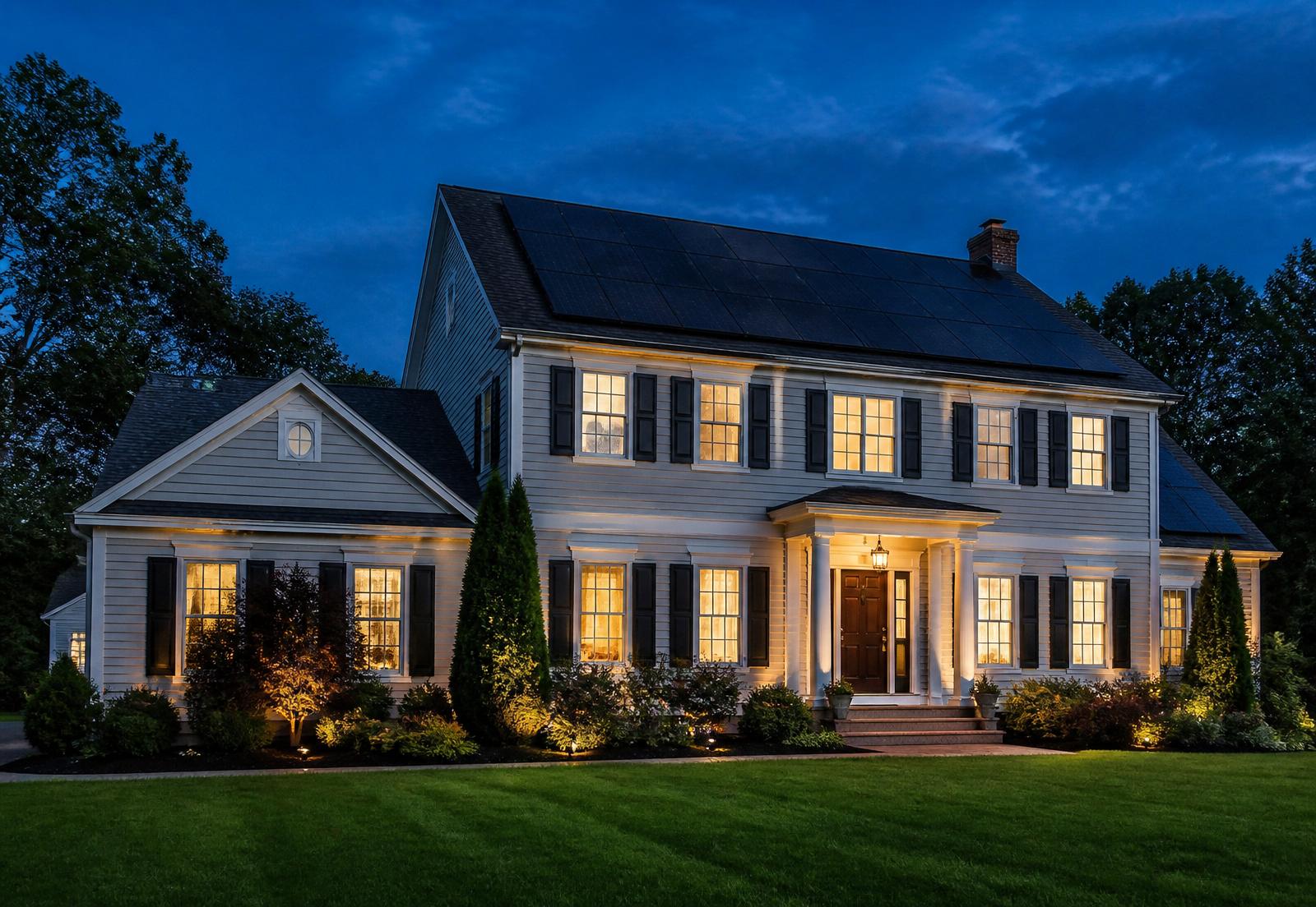 New Jersey colonial home at dusk with black rooftop solar panels